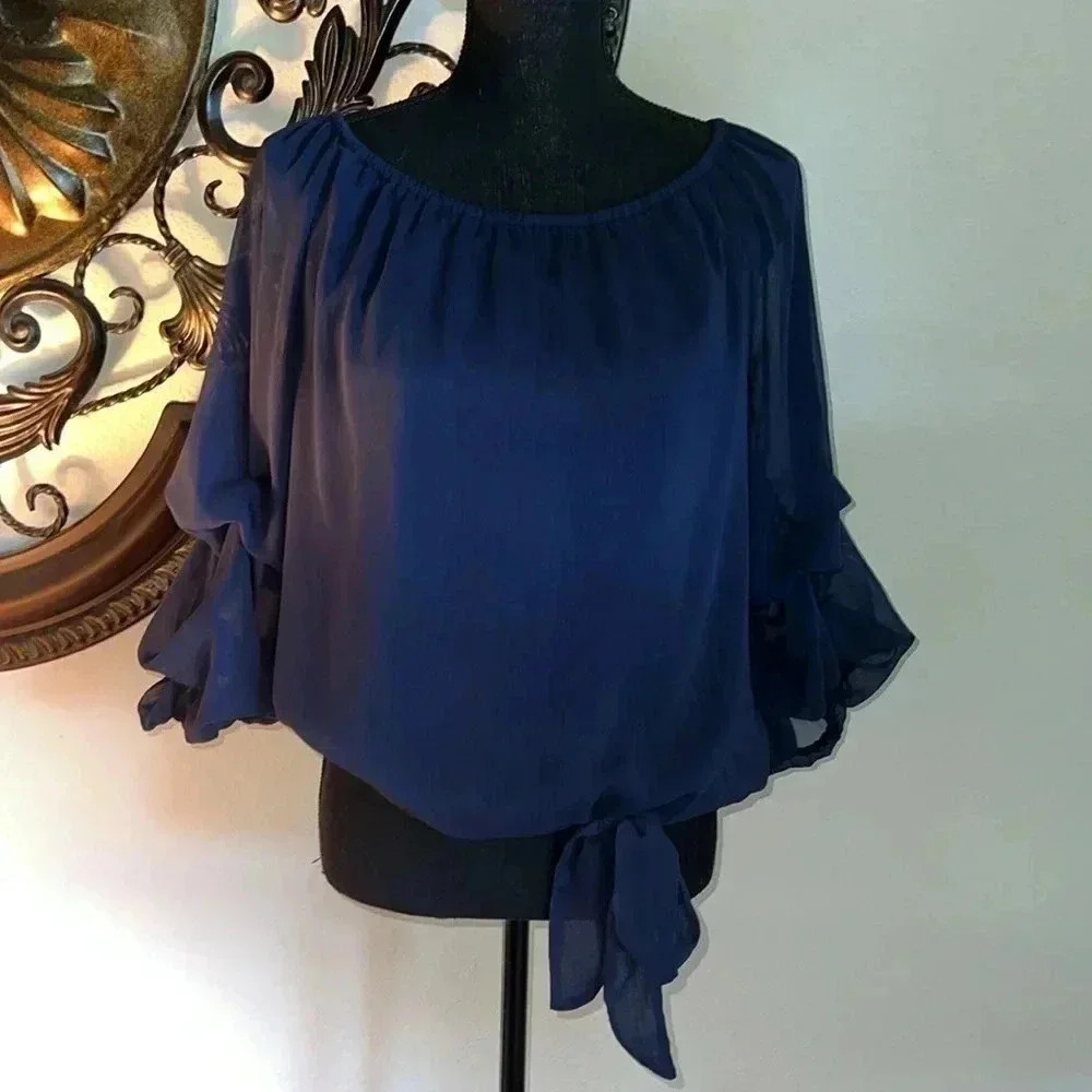 CeCe Women’s Navy Blue Off the Shoulder Bubble 3/4 Sleeve Tie at Waist Blouse M - Picture 6 of 16